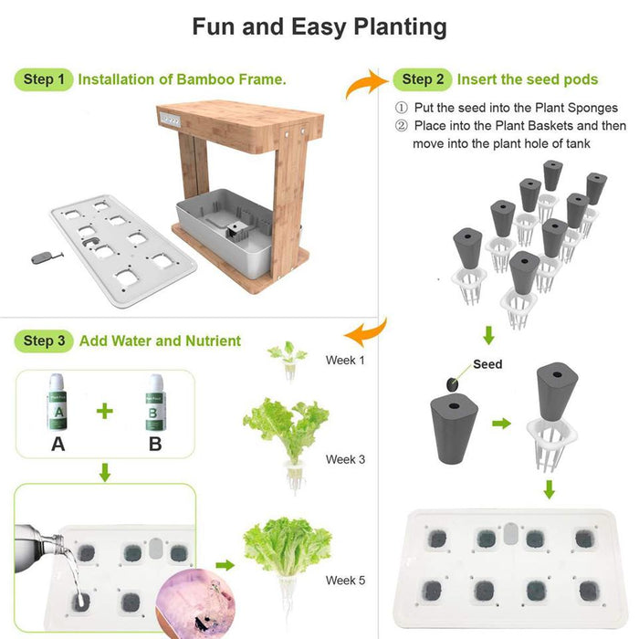 Premium Bamboo Hydroponic System with LED Light, Aerator, Tray, and Plant Food